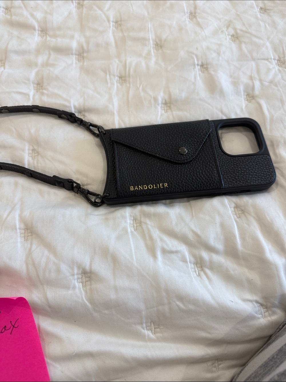 Bandolier Black Leather Crossbody Phone Case with Card Pocket and Snap come with